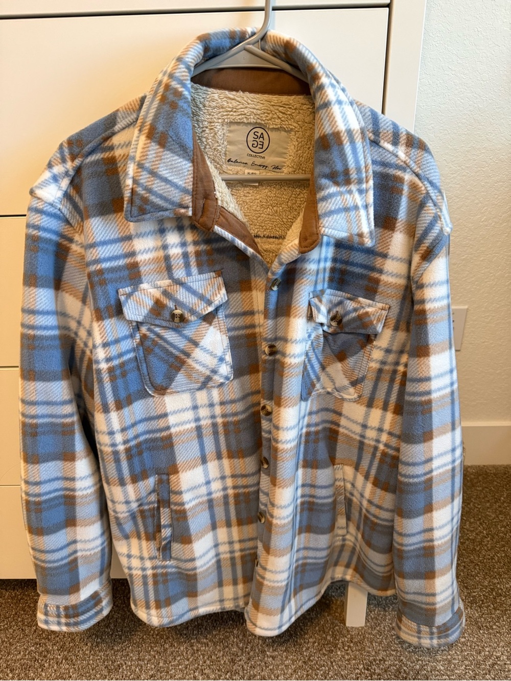 Plaid Teddy-Lined Jacket in Light Blue and Brown